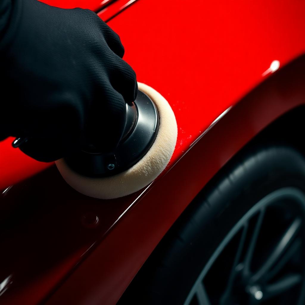 Polisher working a red fender to a mirror gloss